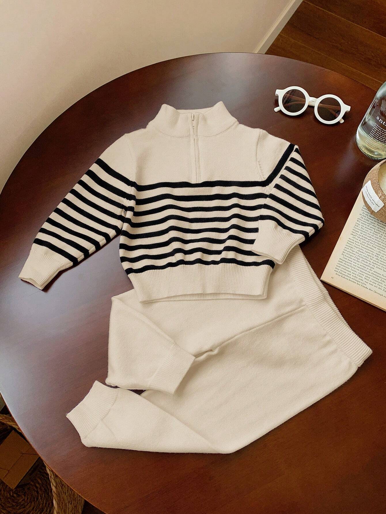 SHEIN 2pcs Set Baby Boy/Girl Casual Sports Chic Preppy All-Match Solid Color Polo Collar Half-Zip Sweater & White Knitted Pants Suit,In Fall/Winter