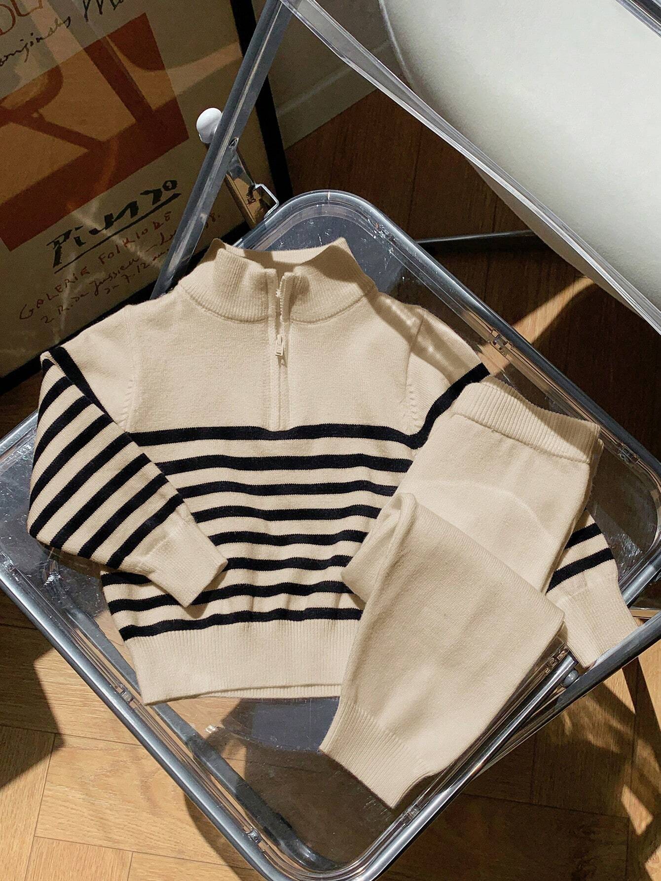 SHEIN 2pcs Set Baby Boy/Girl Casual Sports Chic Preppy All-Match Solid Color Polo Collar Half-Zip Sweater & White Knitted Pants Suit,In Fall/Winter