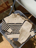 SHEIN 2pcs Set Baby Boy/Girl Casual Sports Chic Preppy All-Match Solid Color Polo Collar Half-Zip Sweater & White Knitted Pants Suit,In Fall/Winter