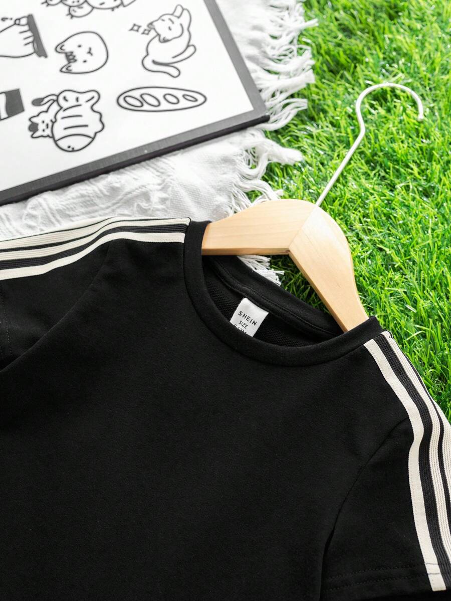  | SHEIN 2pcs Set Baby Boys/Girls Casual Cute Graphic Oversized Crew Neck Knit Sweater Top And Striped Drawstring Waist Knit Pants Outfit | Dress | Shein | OneHub