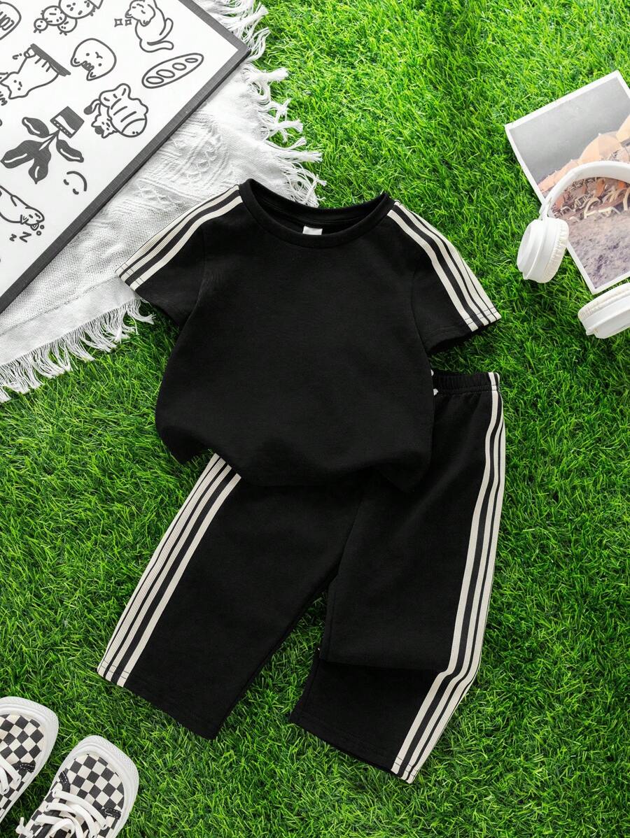  | SHEIN 2pcs Set Baby Boys/Girls Casual Cute Graphic Oversized Crew Neck Knit Sweater Top And Striped Drawstring Waist Knit Pants Outfit | Dress | Shein | OneHub