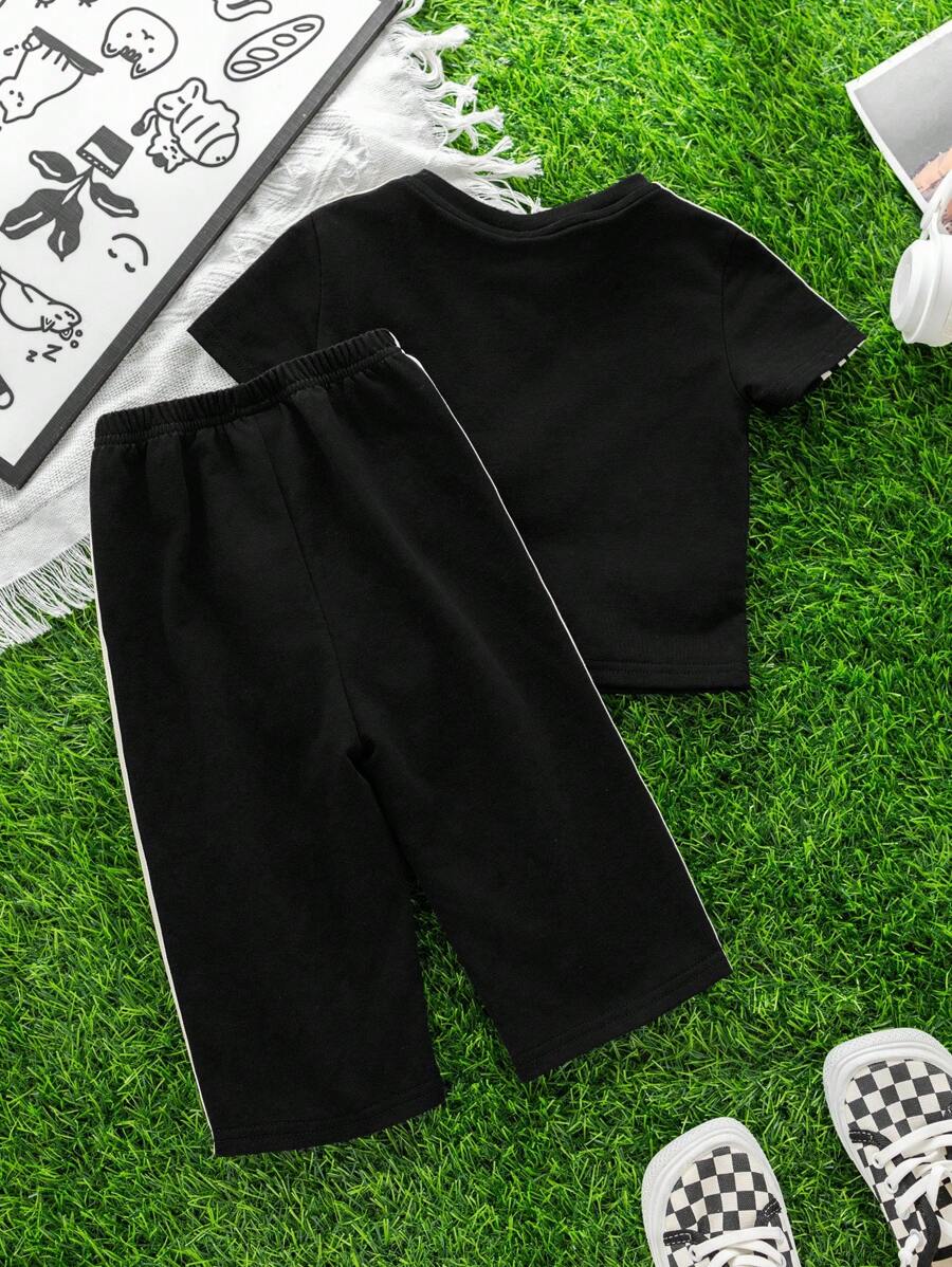  | SHEIN 2pcs Set Baby Boys/Girls Casual Cute Graphic Oversized Crew Neck Knit Sweater Top And Striped Drawstring Waist Knit Pants Outfit | Dress | Shein | OneHub