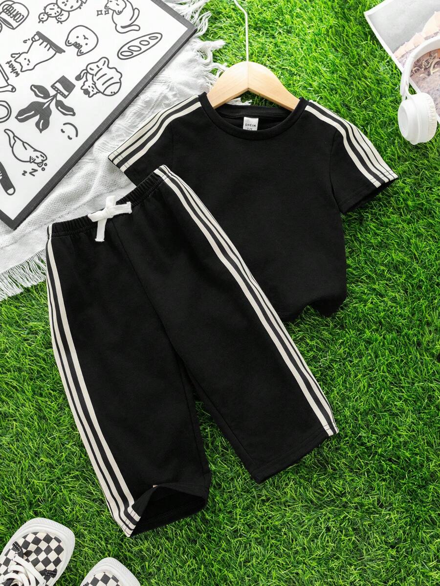  | SHEIN 2pcs Set Baby Boys/Girls Casual Cute Graphic Oversized Crew Neck Knit Sweater Top And Striped Drawstring Waist Knit Pants Outfit | Dress | Shein | OneHub