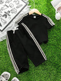  | SHEIN 2pcs Set Baby Boys/Girls Casual Cute Graphic Oversized Crew Neck Knit Sweater Top And Striped Drawstring Waist Knit Pants Outfit | Dress | Shein | OneHub