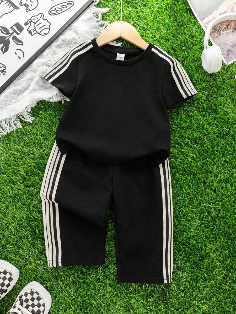  | SHEIN 2pcs Set Baby Boys/Girls Casual Cute Graphic Oversized Crew Neck Knit Sweater Top And Striped Drawstring Waist Knit Pants Outfit | Dress | Shein | OneHub