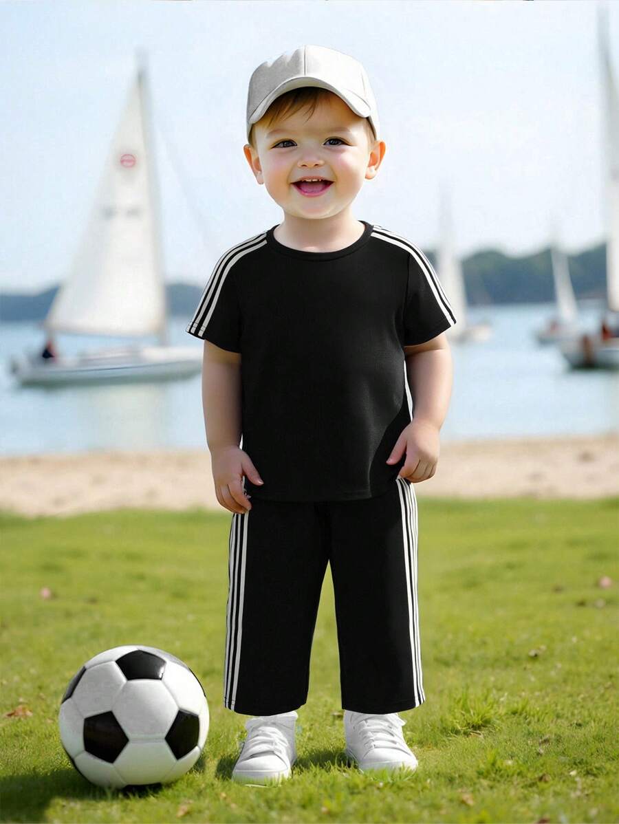  | SHEIN 2pcs Set Baby Boys/Girls Casual Cute Graphic Oversized Crew Neck Knit Sweater Top And Striped Drawstring Waist Knit Pants Outfit | Dress | Shein | OneHub