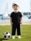 SHEIN 2pcs Set Baby Boys/Girls Casual Cute Graphic Oversized Crew Neck Knit Sweater Top And Striped Drawstring Waist Knit Pants Outfit