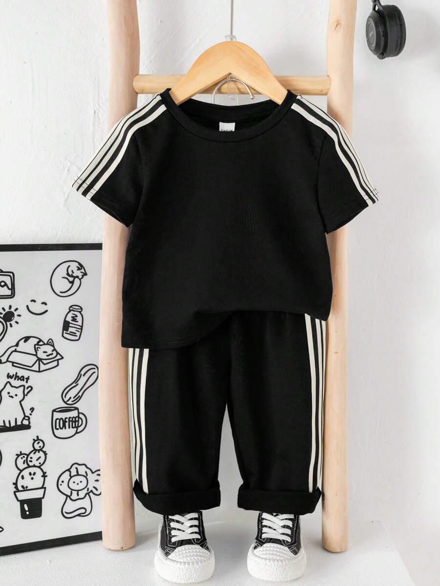  | SHEIN 2pcs Set Baby Boys/Girls Casual Cute Graphic Oversized Crew Neck Knit Sweater Top And Striped Drawstring Waist Knit Pants Outfit | Dress | Shein | OneHub