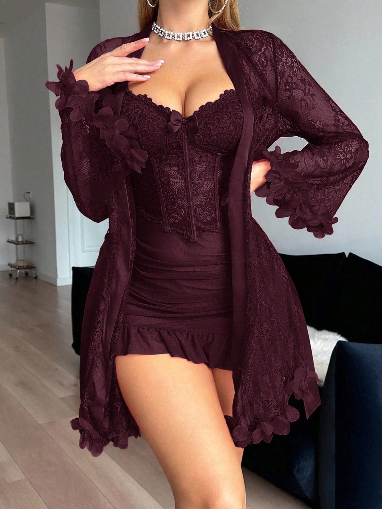  | SHEIN 2pcs Set: 3D Floral Lace Robe + Fishbone Waist Design Lace Camisole Nightgown Lace Robe Set Lace Lingerie Set Lingerie Robe Lace Sleepwear Lingerie With Sleeves | Night Dress | Shein | OneHub