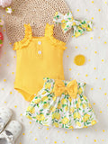 SHEIN 3pcs/Set Baby Girl Summer Holiday Casual & Ruffle Trim Buttoned Bodysuit, Lemon Print Skirt, And Headband