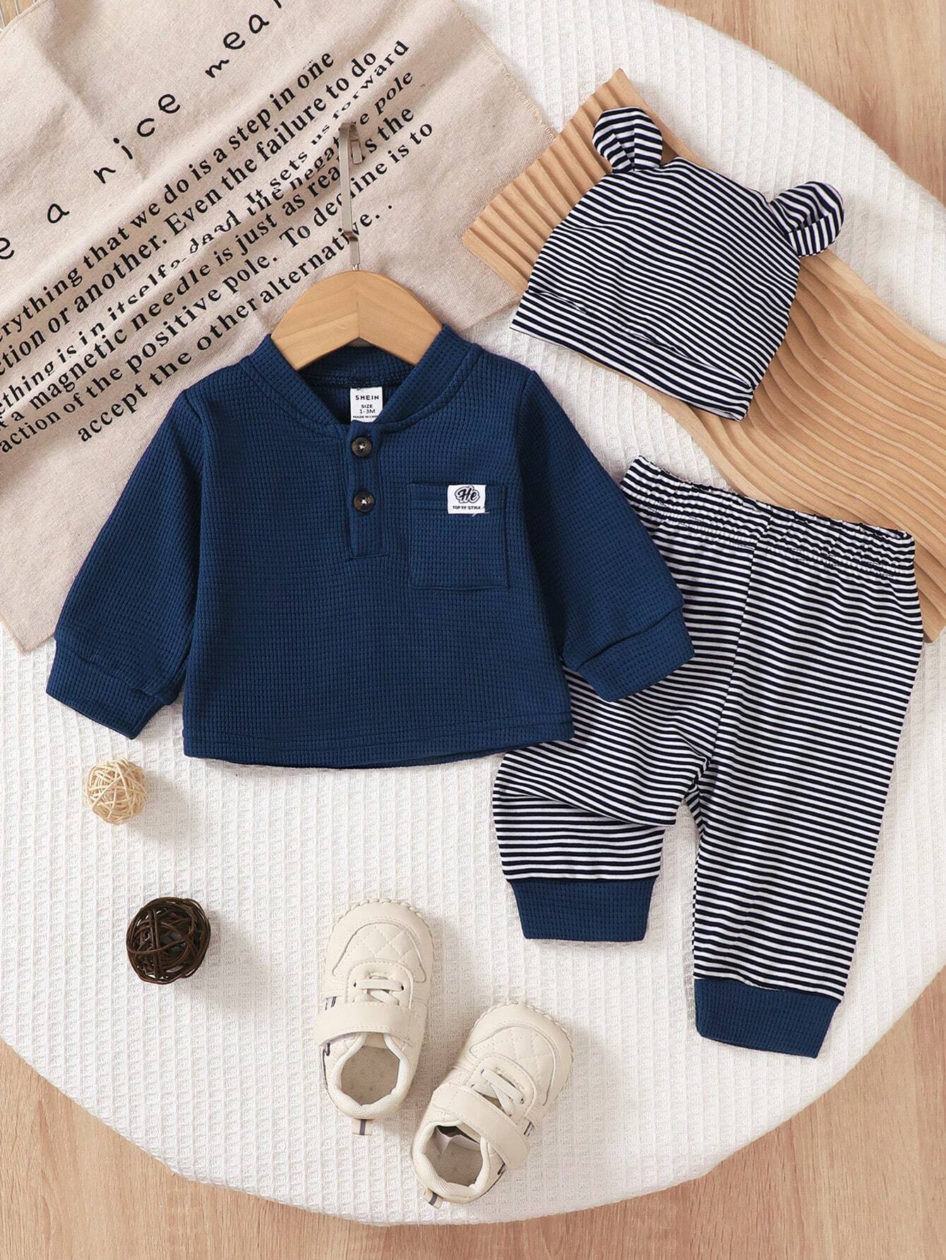  | SHEIN 3pcs/Set Newborn Baby Boy Blue Long Sleeve Top | Bodysuit | Shein | OneHub