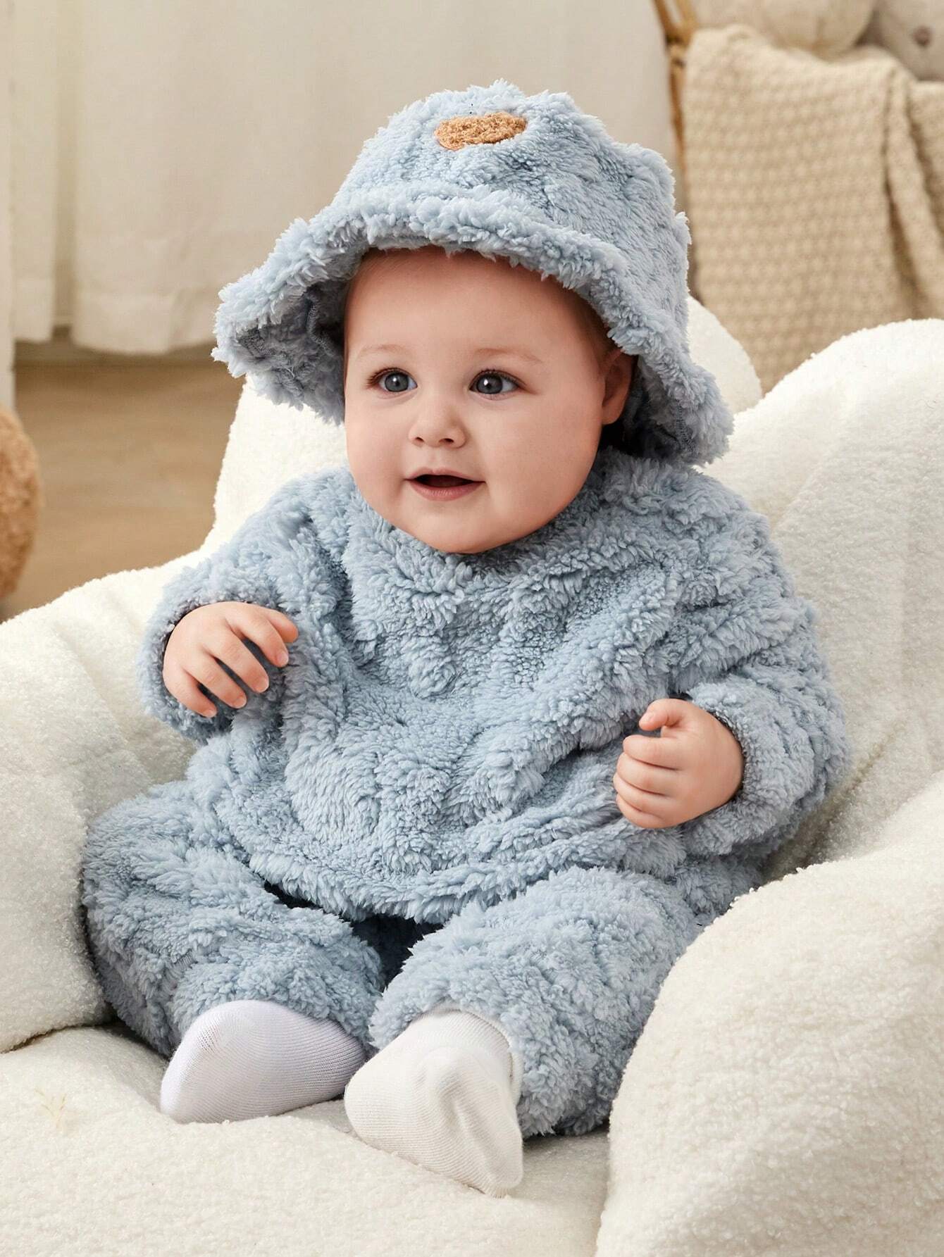  | SHEIN 3pcs/Set Newborn Baby Boys/Girls Blue Autumn/Winter Soft Coral Fleece Long Sleeve Hoodie, Pants & Hat, Cute Bear & Rabbit Print, Cozy & Warm, For Indoor & Outdoor | Dress | Shein | OneHub