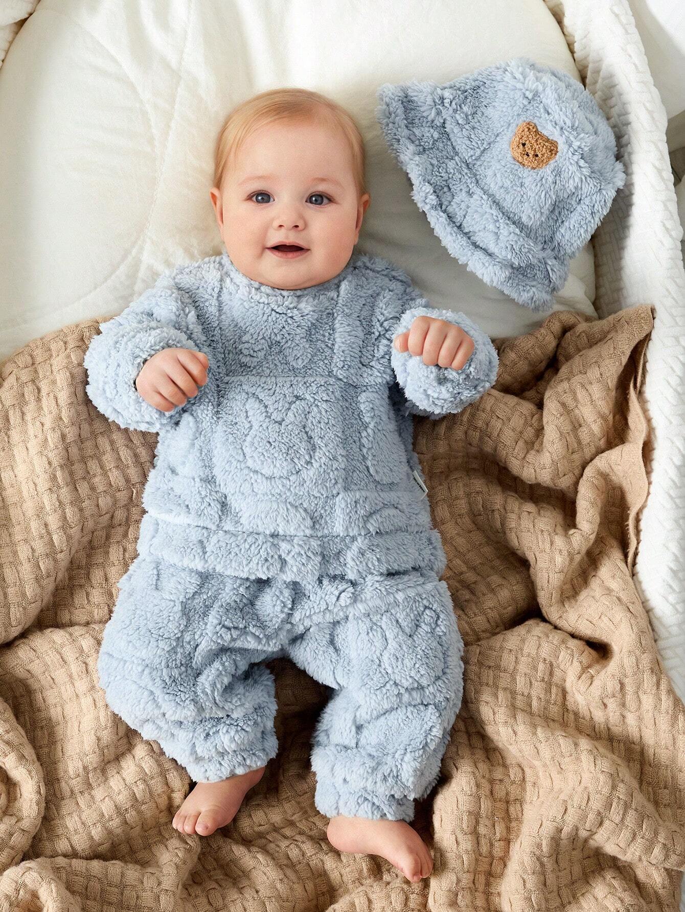  | SHEIN 3pcs/Set Newborn Baby Boys/Girls Blue Autumn/Winter Soft Coral Fleece Long Sleeve Hoodie, Pants & Hat, Cute Bear & Rabbit Print, Cozy & Warm, For Indoor & Outdoor | Dress | Shein | OneHub