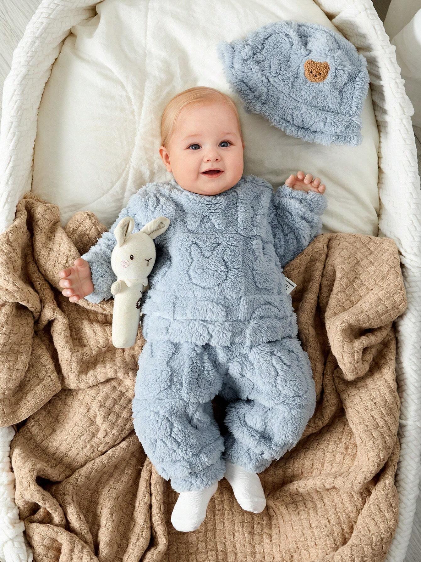  | SHEIN 3pcs/Set Newborn Baby Boys/Girls Blue Autumn/Winter Soft Coral Fleece Long Sleeve Hoodie, Pants & Hat, Cute Bear & Rabbit Print, Cozy & Warm, For Indoor & Outdoor | Dress | Shein | OneHub