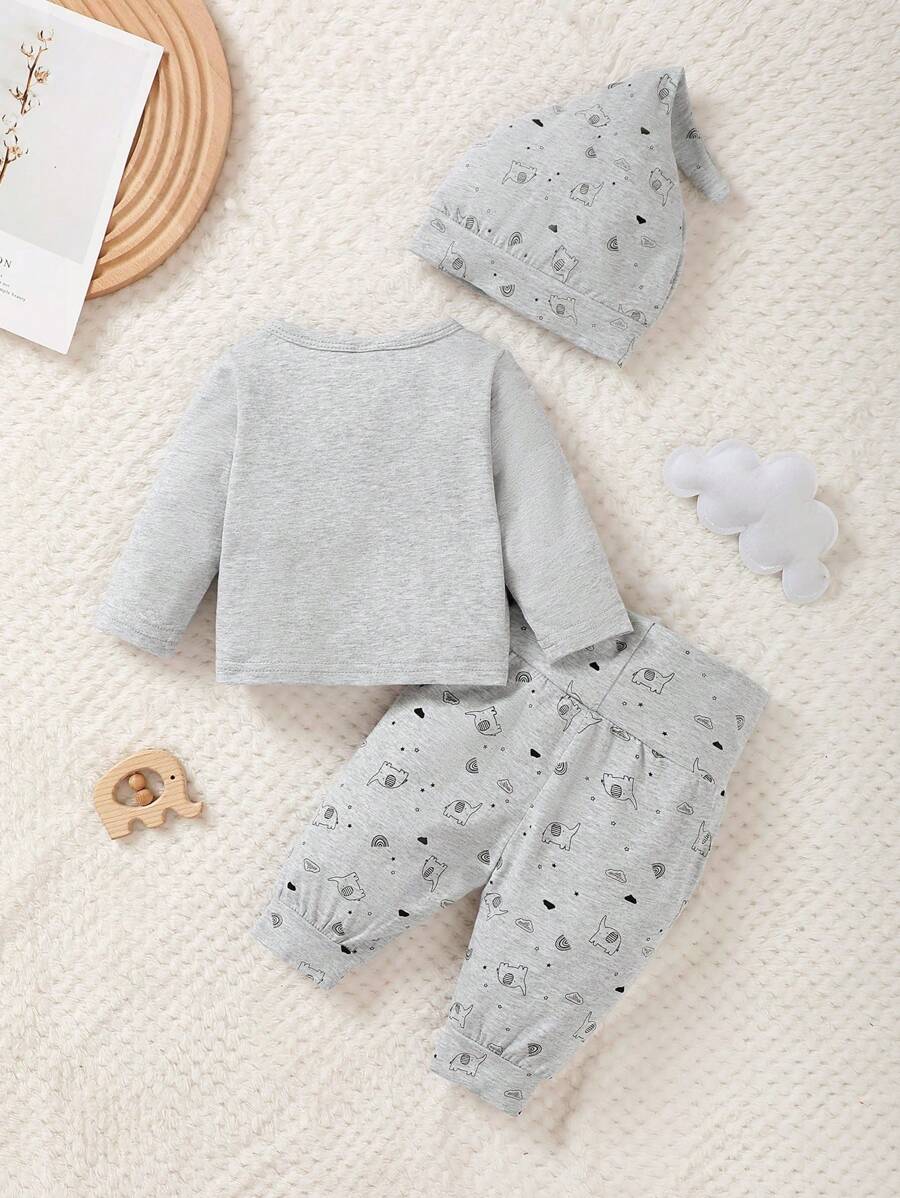  | SHEIN 3pcs Baby Boy Cartoon Bear Print Button-Front Shirt, Pants And Hat Casual Outfit Set | Bodysuit | Shein | OneHub