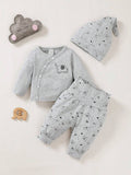  | SHEIN 3pcs Baby Boy Cartoon Bear Print Button-Front Shirt, Pants And Hat Casual Outfit Set | Bodysuit | Shein | OneHub