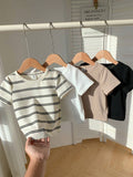SHEIN 4pcs/Set Cute Baby Boy & Baby Girl Casual Versatile Knit Stretchy Striped Long Sleeve Tops, Suitable For Indoor & Outdoor, Spring/Summer