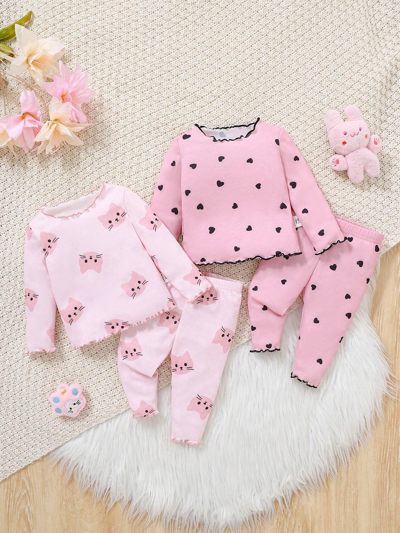  | SHEIN 4pcs/Set Newborn Baby Girl Cute Cartoon Print Knitted Elastic Long Sleeve Top And Elastic Waist Long Pants | Bodysuit | Shein | OneHub