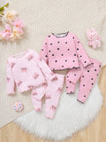 SHEIN 4pcs/Set Newborn Baby Girl Cute Cartoon Print Knitted Elastic Long Sleeve Top And Elastic Waist Long Pants