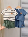 | SHEIN 4pcs/Set Baby Boy Korean Style Cute Cartoon Striped Short Sleeve T-Shirt & Elastic Waist Cargo Shorts Set | Dress | Shein | OneHub