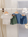  | SHEIN 4pcs/Set Baby Boy Korean Style Cute Cartoon Striped Short Sleeve T-Shirt & Elastic Waist Cargo Shorts Set | Dress | Shein | OneHub