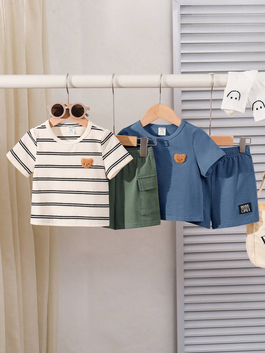  | SHEIN 4pcs/Set Baby Boy Korean Style Cute Cartoon Striped Short Sleeve T-Shirt & Elastic Waist Cargo Shorts Set | Dress | Shein | OneHub