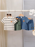  | SHEIN 4pcs/Set Baby Boy Korean Style Cute Cartoon Striped Short Sleeve T-Shirt & Elastic Waist Cargo Shorts Set | Dress | Shein | OneHub
