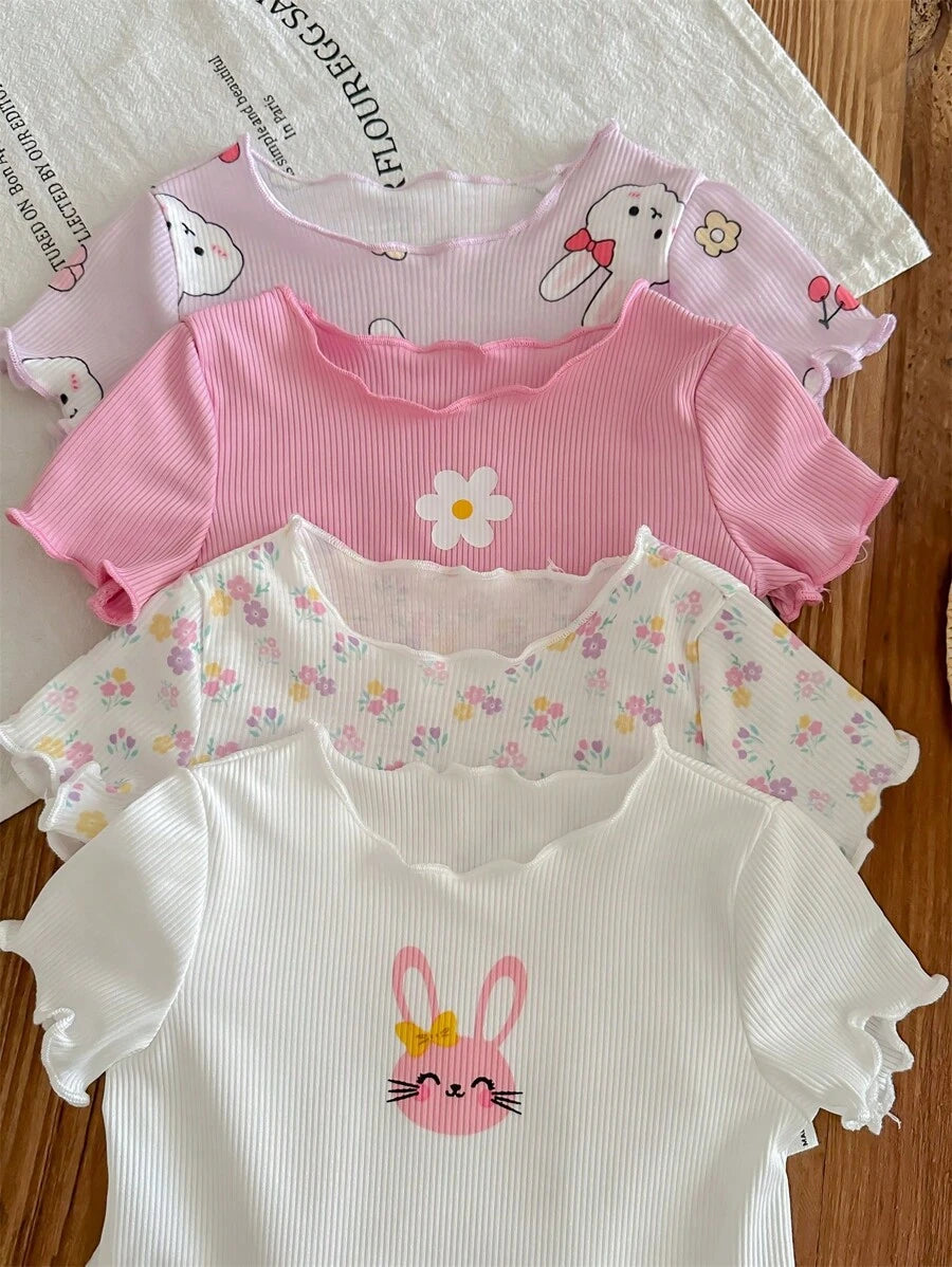  | SHEIN 4pcs/Set Newborn Baby Girls' Cute Knitted Cartoon Rabbit & Floral Short Sleeve Rompers | Dress | Shein | OneHub