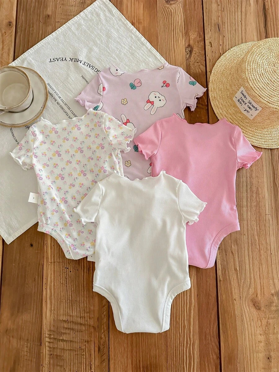  | SHEIN 4pcs/Set Newborn Baby Girls' Cute Knitted Cartoon Rabbit & Floral Short Sleeve Rompers | Dress | Shein | OneHub