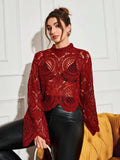 SHEIN Allurite Burgundy Sexy Cut Out Lace See-Through Flare Sleeve Four Seasons Knit Women's Blouse, Haute Women Tops,Fitted Elegant Crew Neck Tops