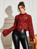  | SHEIN Allurite Burgundy Sexy Cut Out Lace See-Through Flare Sleeve Four Seasons Knit Women's Blouse, Haute Women Tops,Fitted Elegant Crew Neck Tops | Top | Shein | OneHub
