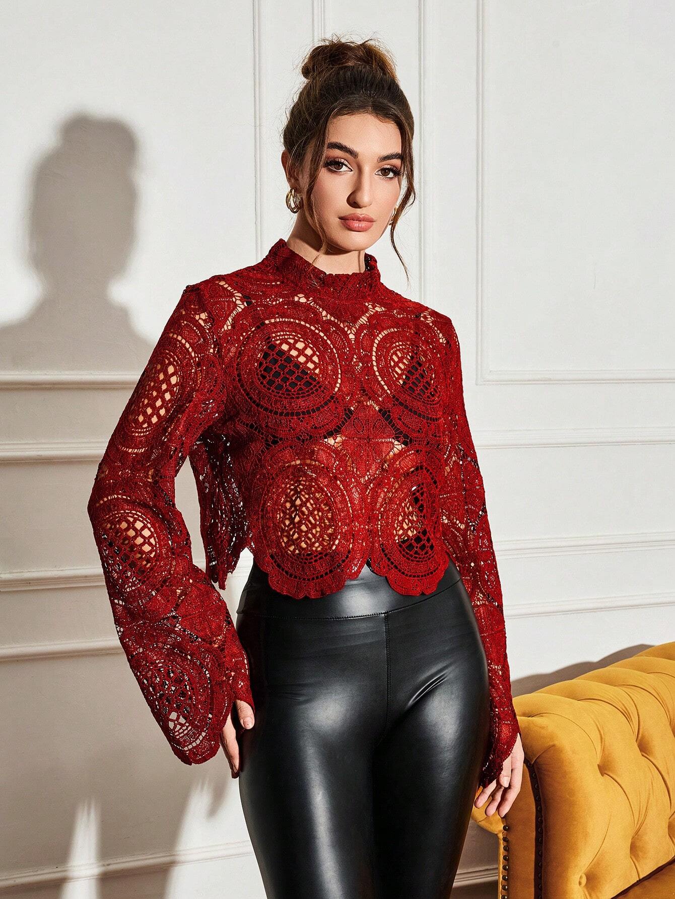  | SHEIN Allurite Burgundy Sexy Cut Out Lace See-Through Flare Sleeve Four Seasons Knit Women's Blouse, Haute Women Tops,Fitted Elegant Crew Neck Tops | Top | Shein | OneHub
