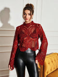  | SHEIN Allurite Burgundy Sexy Cut Out Lace See-Through Flare Sleeve Four Seasons Knit Women's Blouse, Haute Women Tops,Fitted Elegant Crew Neck Tops | Top | Shein | OneHub