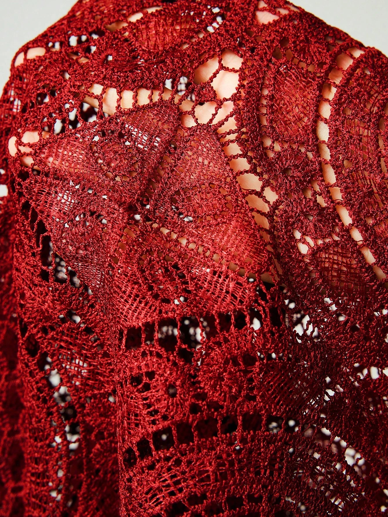  | SHEIN Allurite Burgundy Sexy Cut Out Lace See-Through Flare Sleeve Four Seasons Knit Women's Blouse, Haute Women Tops,Fitted Elegant Crew Neck Tops | Top | Shein | OneHub