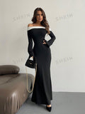  | SHEIN Aloruh Contrast Off Shoulder Bell Sleeve Bodycon Long Black Dress With Sleeves | Dress | Shein | OneHub