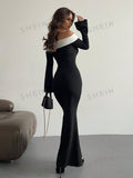  | SHEIN Aloruh Contrast Off Shoulder Bell Sleeve Bodycon Long Black Dress With Sleeves | Dress | Shein | OneHub