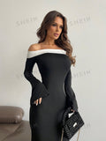  | SHEIN Aloruh Contrast Off Shoulder Bell Sleeve Bodycon Long Black Dress With Sleeves | Dress | Shein | OneHub