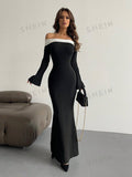  | SHEIN Aloruh Contrast Off Shoulder Bell Sleeve Bodycon Long Black Dress With Sleeves | Dress | Shein | OneHub