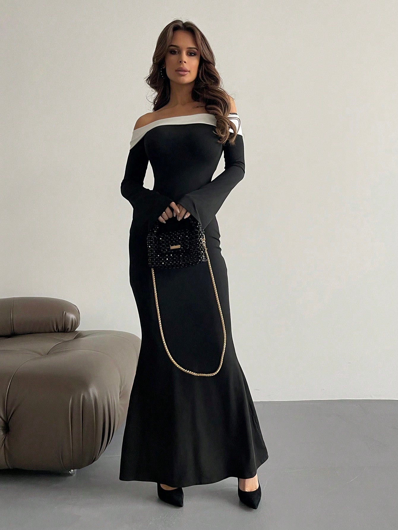  | SHEIN Aloruh Contrast Off Shoulder Bell Sleeve Bodycon Long Black Dress With Sleeves | Dress | Shein | OneHub