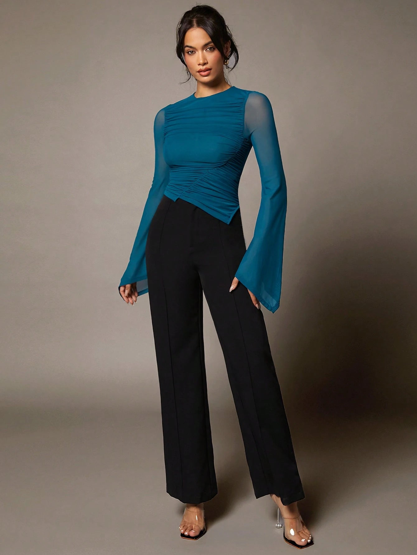  | SHEIN BAE Dark Green Round Neck Pleated Asymmetric Large Trumpet Long Sleeve Mesh Women's Top | Top | Shein | OneHub