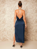  | SHEIN BAE Draped Collar Rhinestone Chain Backless Split Thigh Satin Halter Dress | Dress | Shein | OneHub