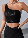SHEIN BAE One Shoulder Sequin Crop Top