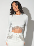 SHEIN BAE Women Long Sleeve Glitter Tassel Diamond Chain White T-Shirt