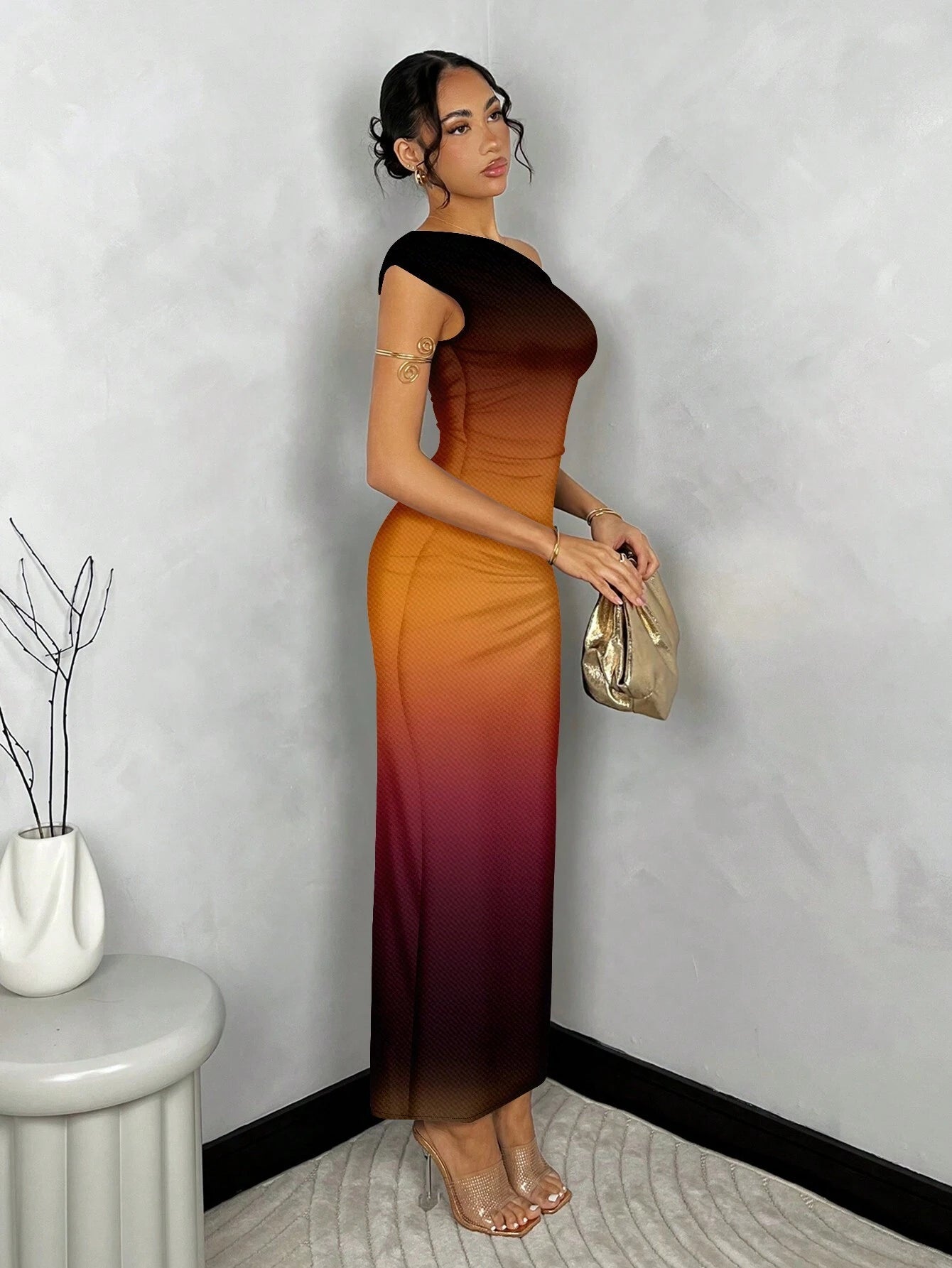 SHEIN BAE Women Summer Asymmetric Ruched Tight Fit Printed Dress