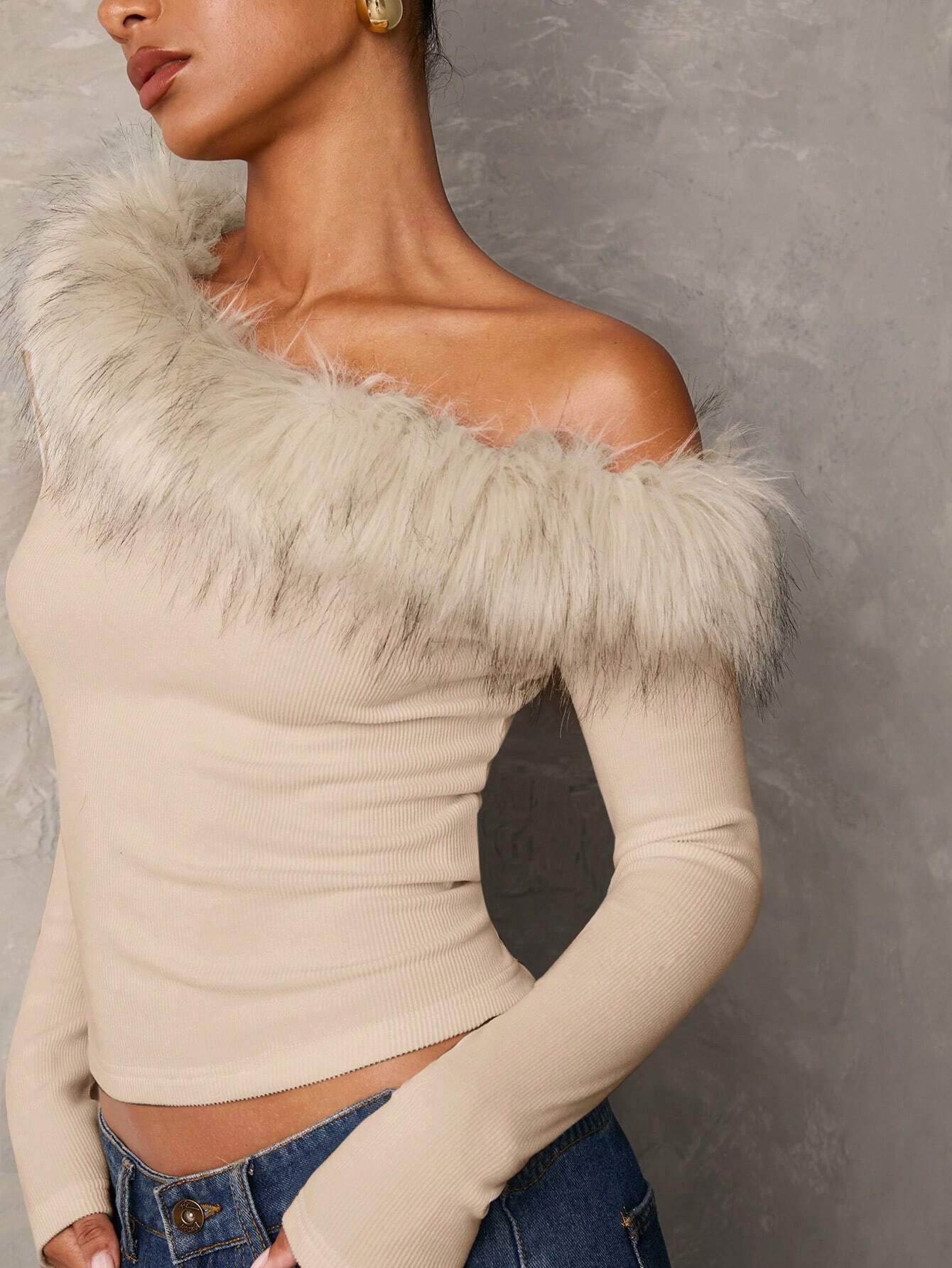  | SHEIN BAE Women's Fall Patchwork Fluffy Off Shoulder Long Sleeve Fitted Elegant Blouse,Long Sleeve Women Tops,Going Out Tops | Blouse | Shein | OneHub