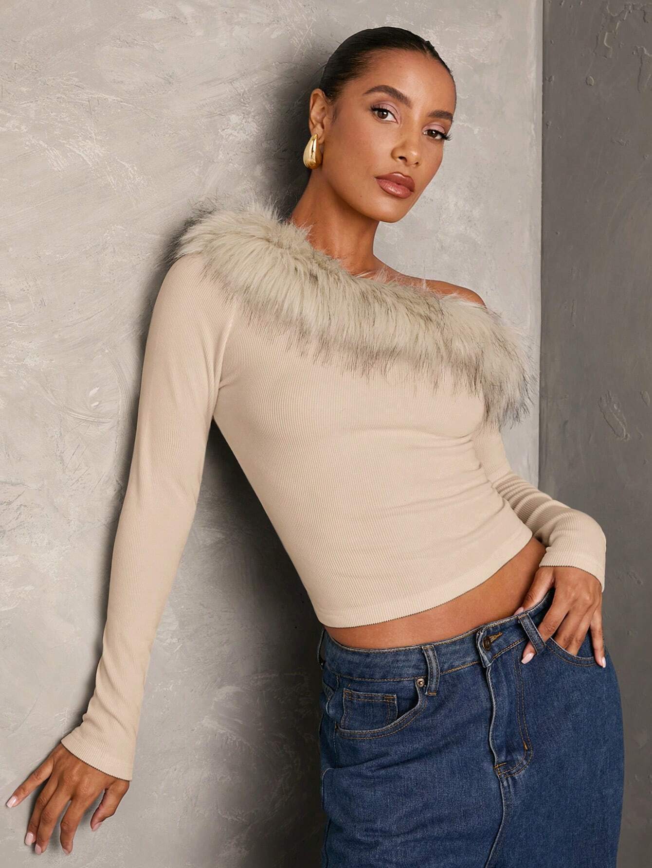  | SHEIN BAE Women's Fall Patchwork Fluffy Off Shoulder Long Sleeve Fitted Elegant Blouse,Long Sleeve Women Tops,Going Out Tops | Blouse | Shein | OneHub