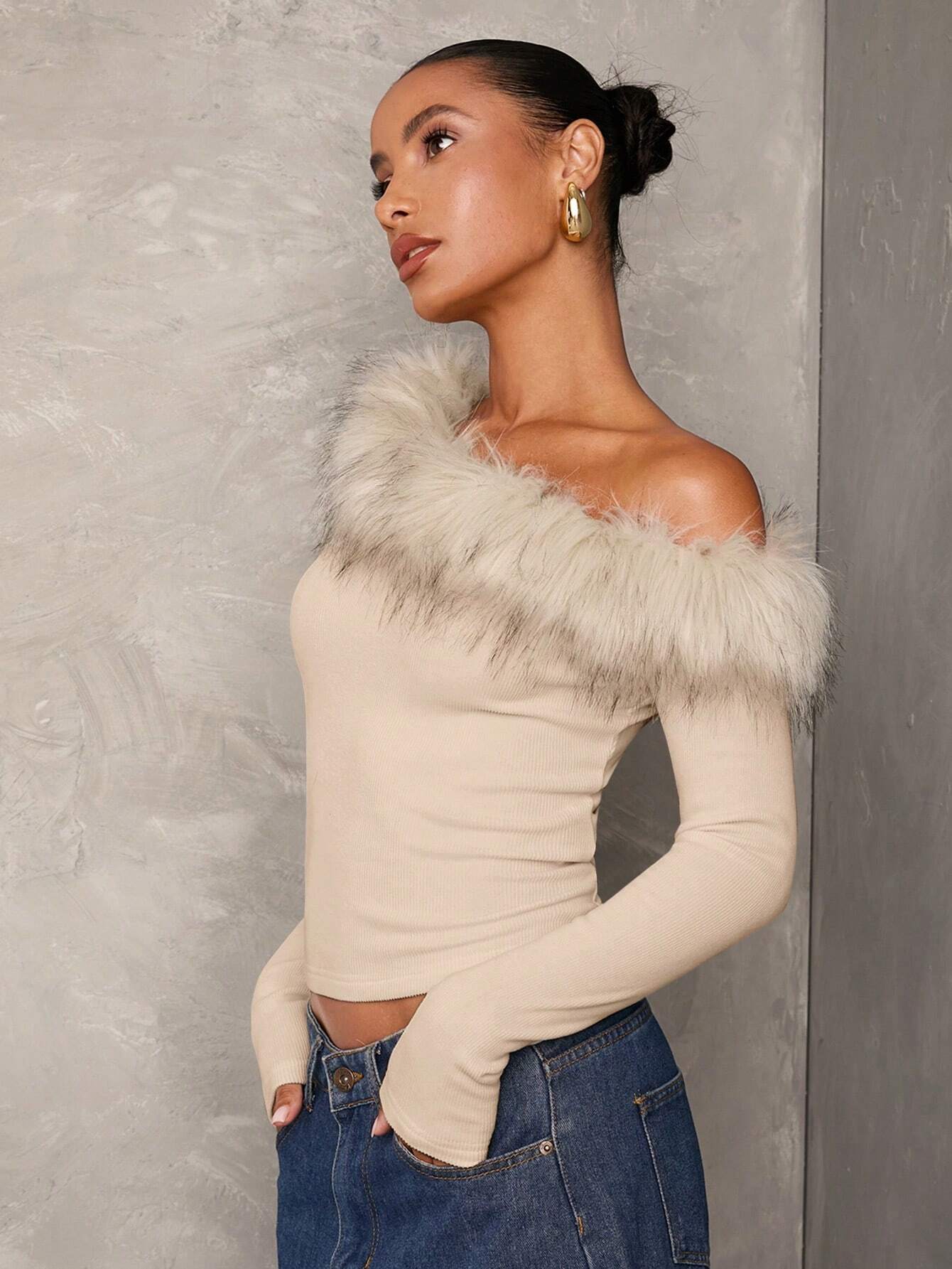  | SHEIN BAE Women's Fall Patchwork Fluffy Off Shoulder Long Sleeve Fitted Elegant Blouse,Long Sleeve Women Tops,Going Out Tops | Blouse | Shein | OneHub