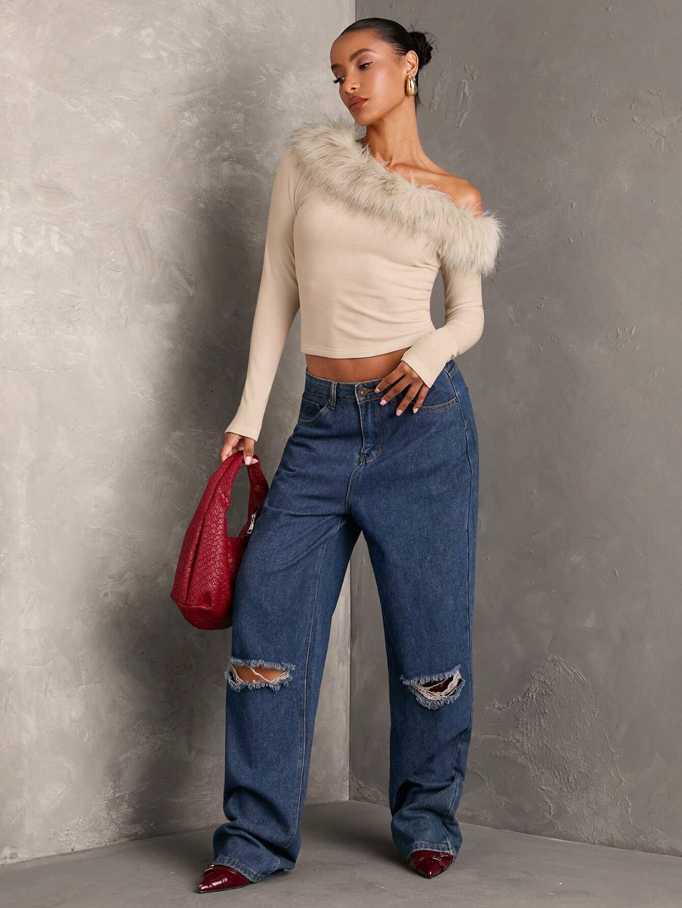  | SHEIN BAE Women's Fall Patchwork Fluffy Off Shoulder Long Sleeve Fitted Elegant Blouse,Long Sleeve Women Tops,Going Out Tops | Blouse | Shein | OneHub