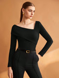 SHEIN BIZwear Women's Black Solid Color Asymmetrical Neckline Stretch T-Shirt