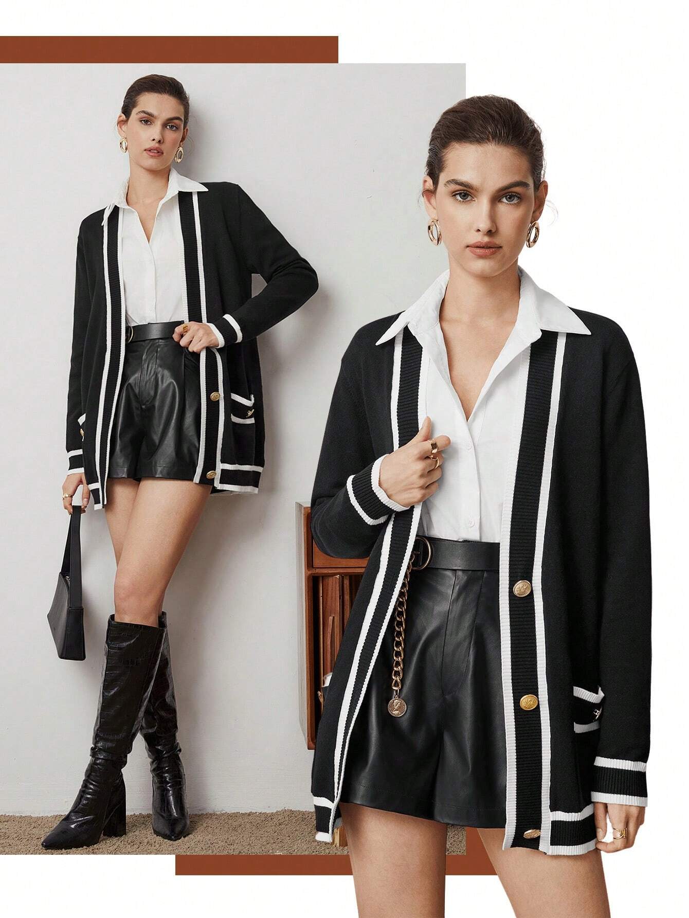  | SHEIN BIZwear Women's Color Block Rolled Edge Button Up Cardigan Fall Women Outfits | Sweater | Shein | OneHub